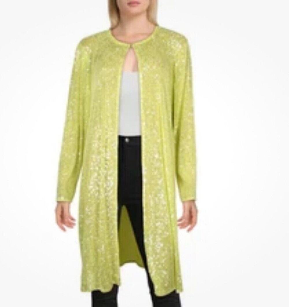 NWT Anne Klein Womens Green Sequin Mesh Duster Cardigan Kimono Top Size Small